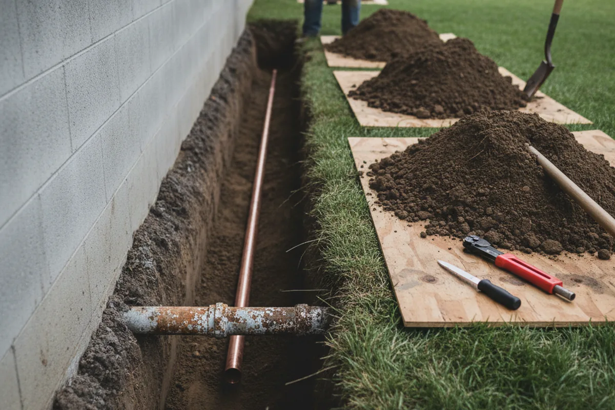 Excavated water line trench during Sewer Line Repair in Farley
